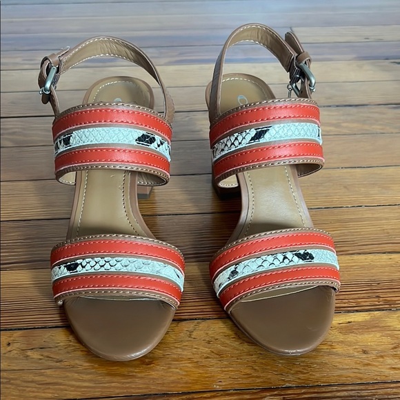 Coach Princenton Snakeskin Saddle Brown and Carmine Red Strappy Heeled Sandals 7 - Picture 1 of 14